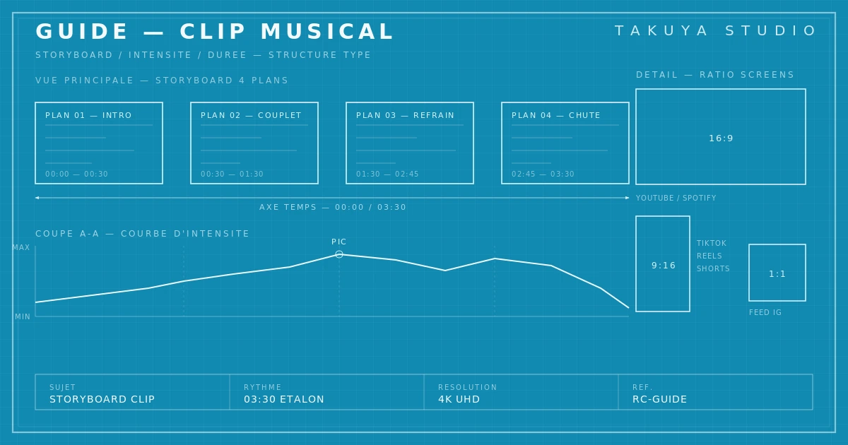 Schéma technique storyboard, courbes d'intensité et ratios d'écran pour clip musical — Takuya Studio